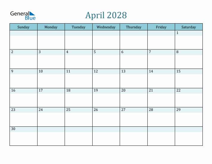 April 2028 Monthly Calendar Template Sunday Start