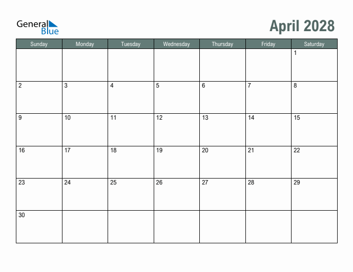 Free Printable April 2028 Calendar