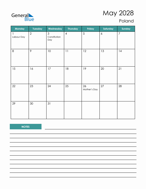 Calendar with Notes Printable - Monday Start