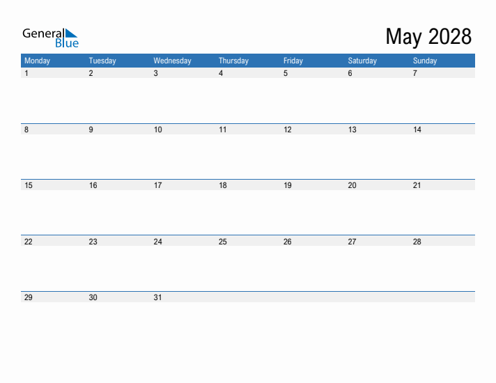 Fillable Calendar for May 2028