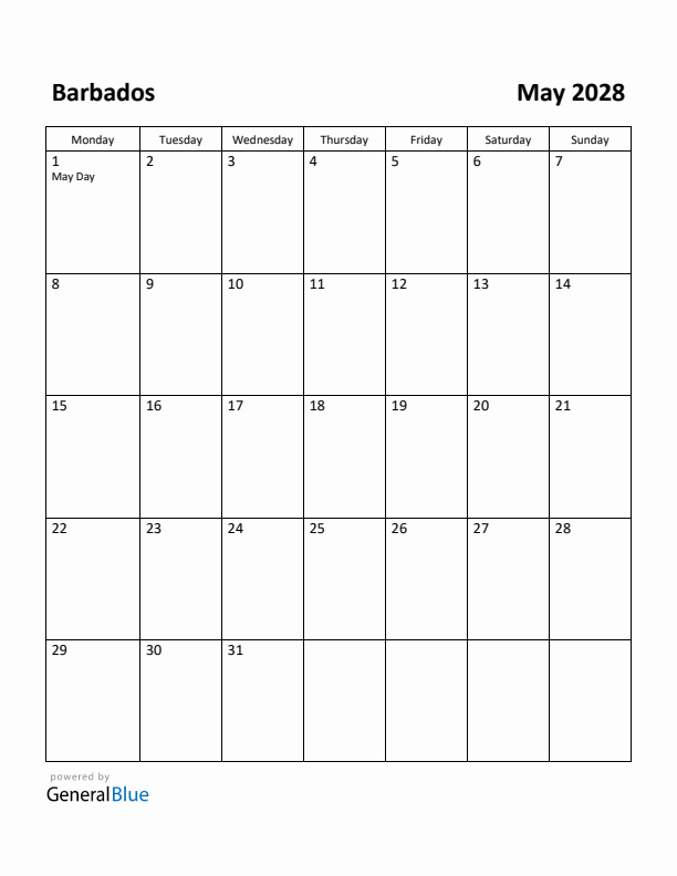 May 2028 Calendar with Barbados Holidays