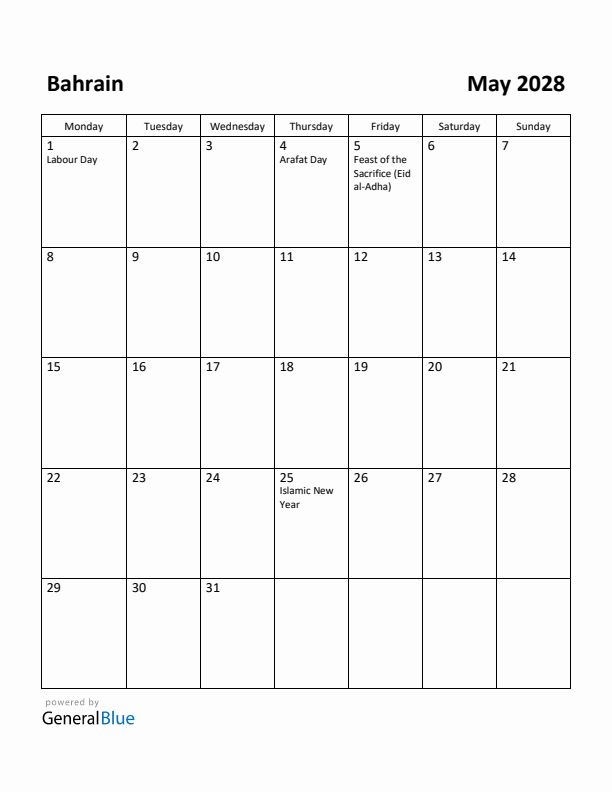 May 2028 Calendar with Bahrain Holidays