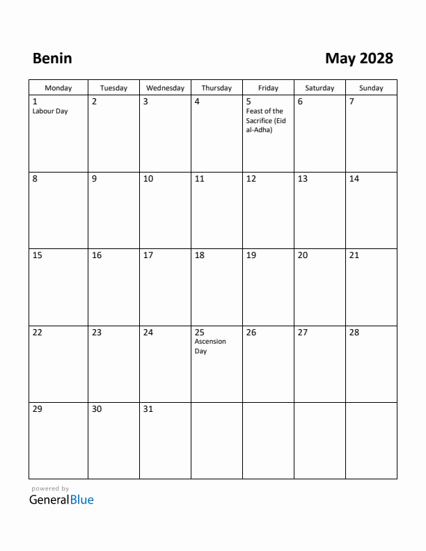 May 2028 Calendar with Benin Holidays