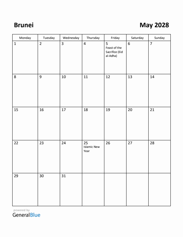 May 2028 Calendar with Brunei Holidays