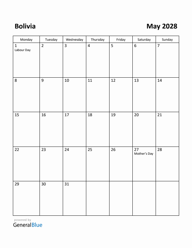 May 2028 Calendar with Bolivia Holidays