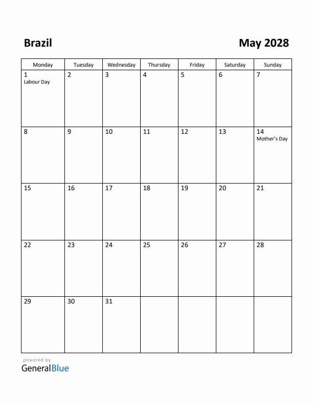 May 2028 Calendar with Brazil Holidays