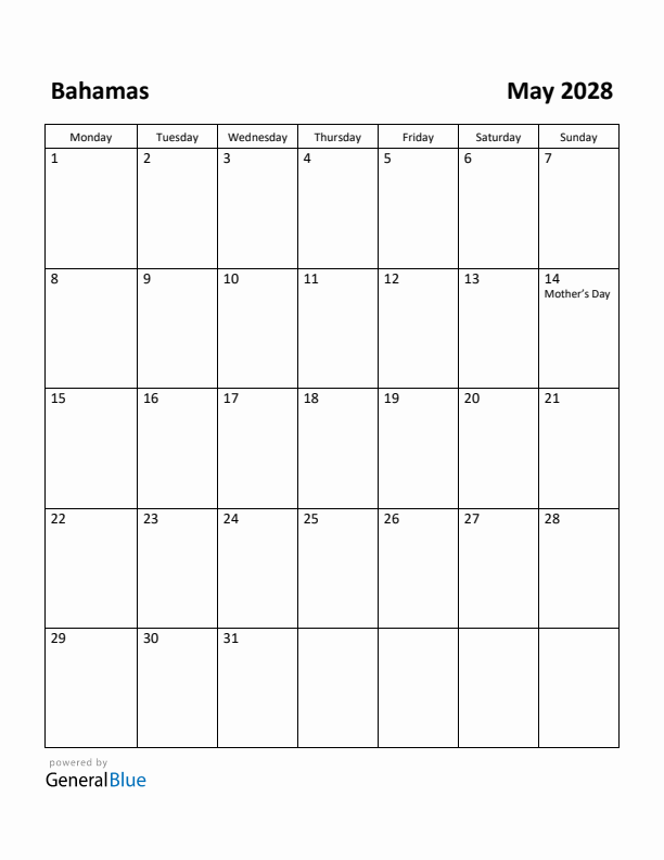 May 2028 Calendar with Bahamas Holidays