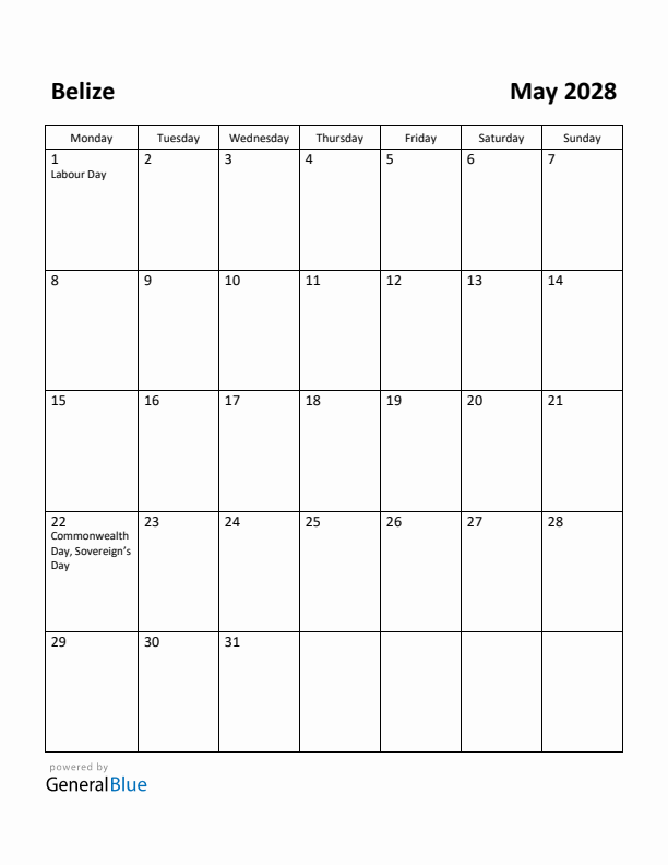 May 2028 Calendar with Belize Holidays