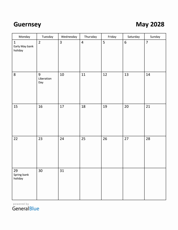 May 2028 Calendar with Guernsey Holidays