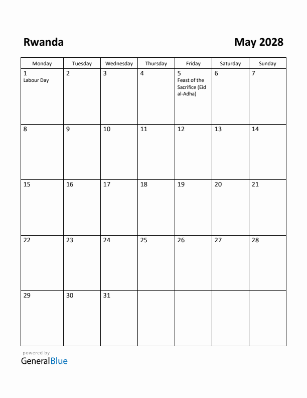 May 2028 Calendar with Rwanda Holidays