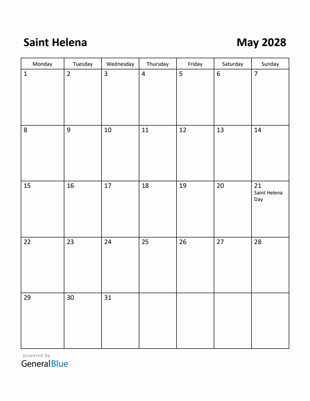 May 2028 Calendar with Saint Helena Holidays