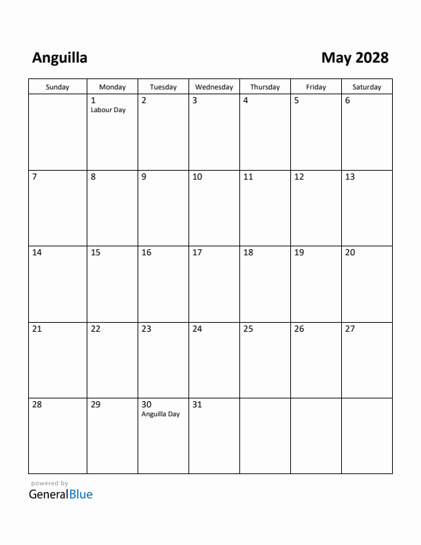 May 2028 Calendar with Anguilla Holidays