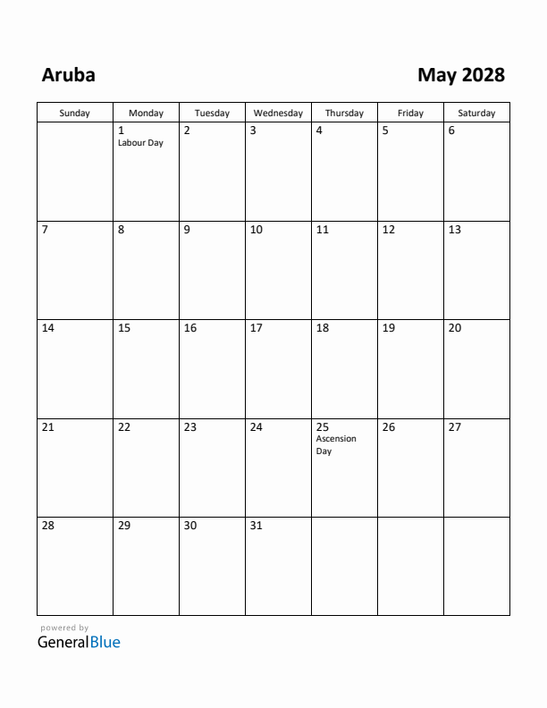May 2028 Calendar with Aruba Holidays