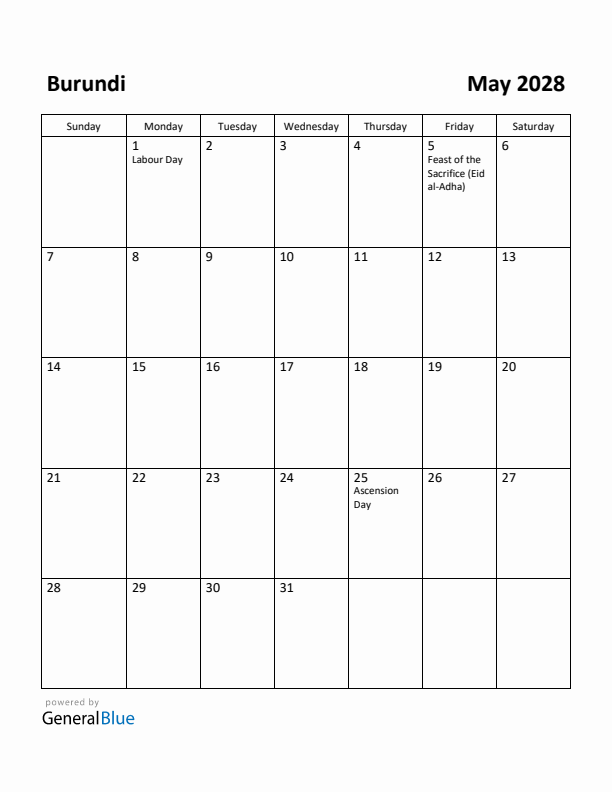 May 2028 Calendar with Burundi Holidays