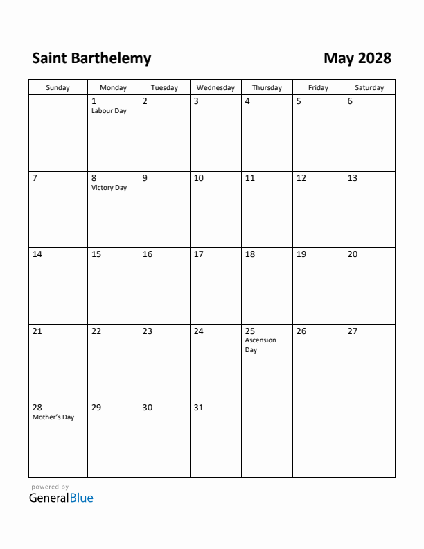 May 2028 Calendar with Saint Barthelemy Holidays