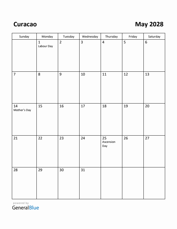 May 2028 Calendar with Curacao Holidays
