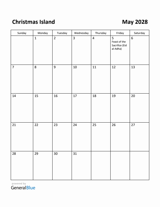 May 2028 Calendar with Christmas Island Holidays
