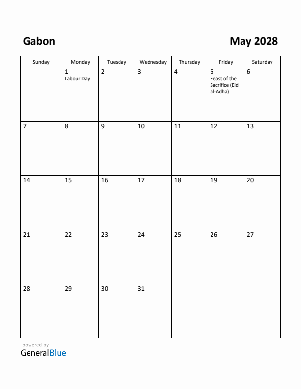 May 2028 Calendar with Gabon Holidays