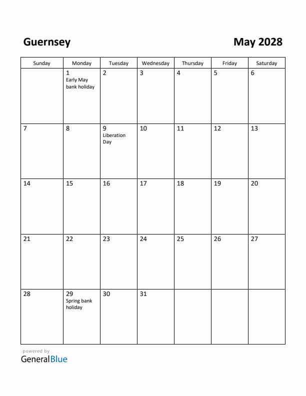 May 2028 Calendar with Guernsey Holidays