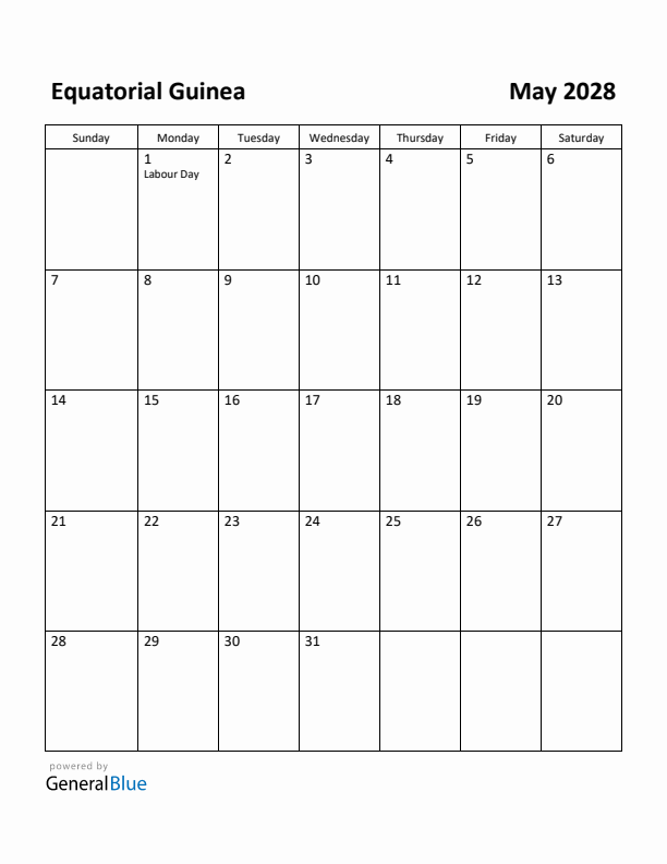 May 2028 Calendar with Equatorial Guinea Holidays