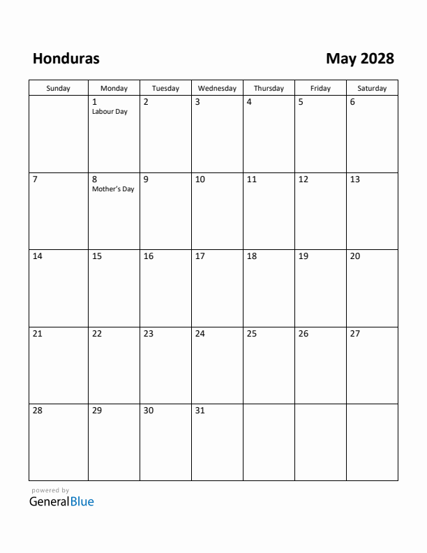 May 2028 Calendar with Honduras Holidays