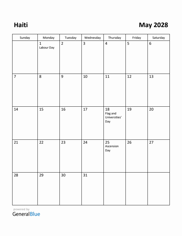 May 2028 Calendar with Haiti Holidays
