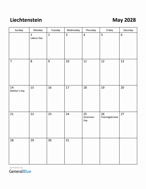 May 2028 Calendar with Liechtenstein Holidays