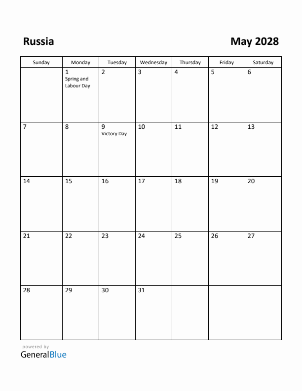 May 2028 Calendar with Russia Holidays