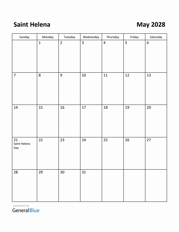 May 2028 Calendar with Saint Helena Holidays