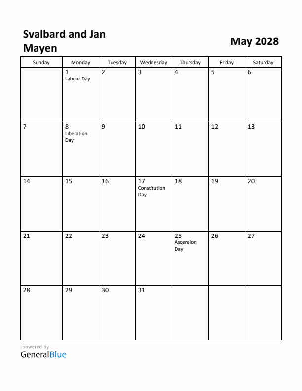 May 2028 Calendar with Svalbard and Jan Mayen Holidays