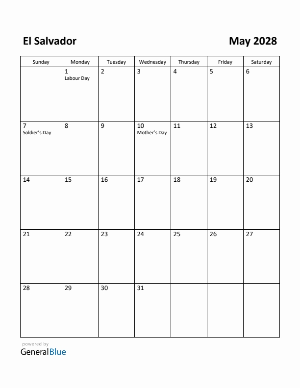 May 2028 Calendar with El Salvador Holidays