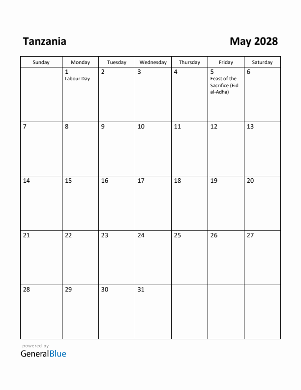 May 2028 Calendar with Tanzania Holidays