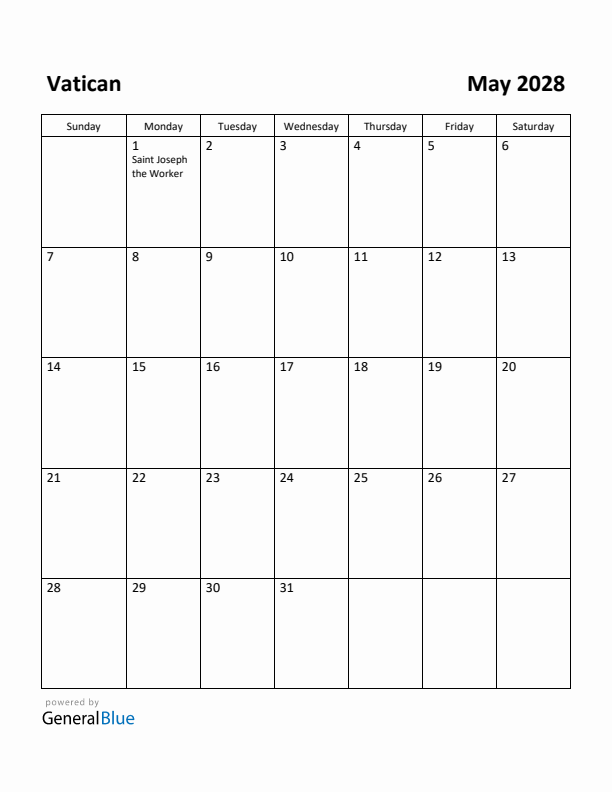 May 2028 Calendar with Vatican Holidays