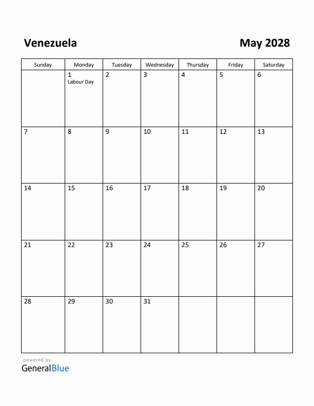 May 2028 Calendar with Venezuela Holidays