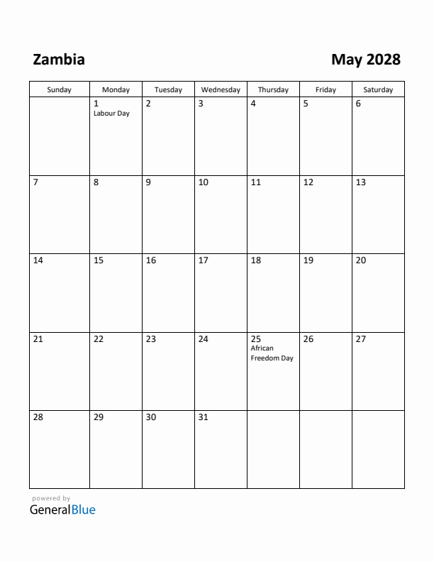 May 2028 Calendar with Zambia Holidays