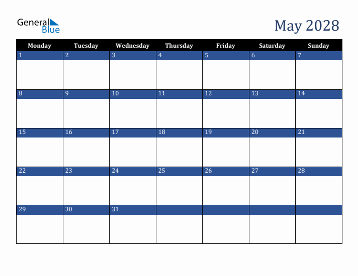 Monday Start Calendar for May 2028