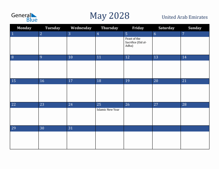 May 2028 United Arab Emirates Calendar (Monday Start)