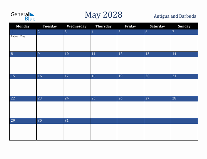 May 2028 Antigua and Barbuda Calendar (Monday Start)