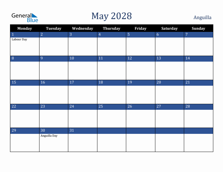 May 2028 Anguilla Calendar (Monday Start)
