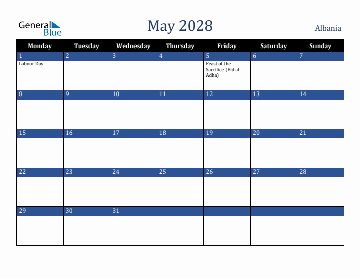 May 2028 Albania Calendar (Monday Start)