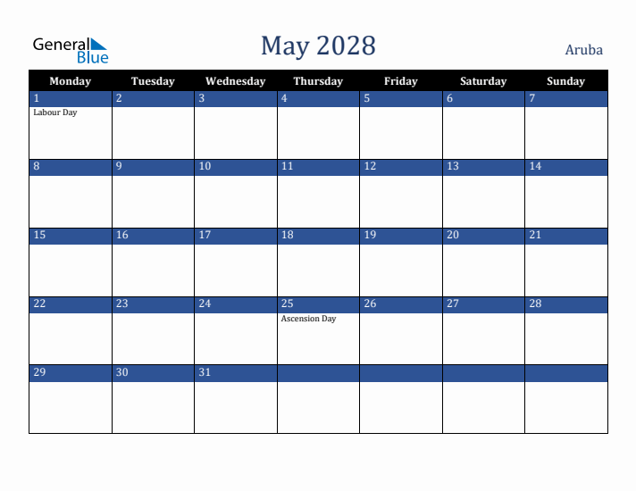 May 2028 Aruba Calendar (Monday Start)
