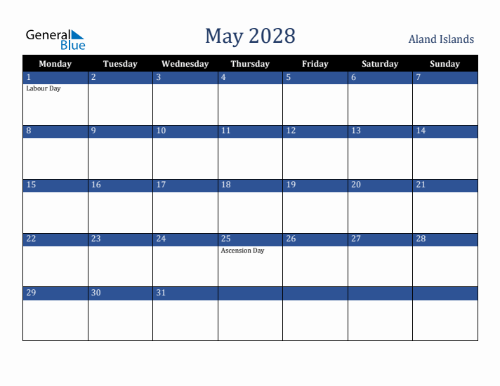 May 2028 Aland Islands Calendar (Monday Start)