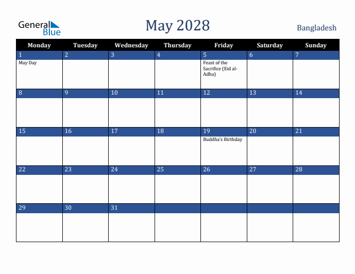 May 2028 Bangladesh Calendar (Monday Start)