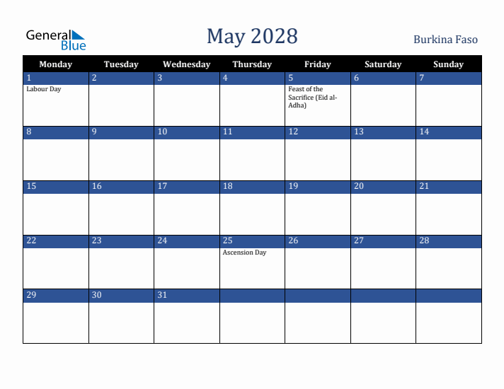 May 2028 Burkina Faso Calendar (Monday Start)