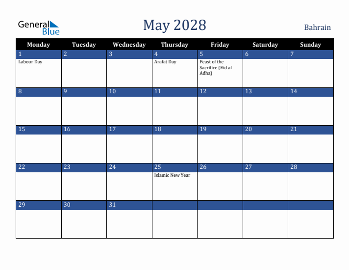 May 2028 Bahrain Calendar (Monday Start)