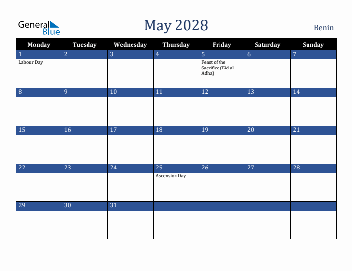 May 2028 Benin Calendar (Monday Start)
