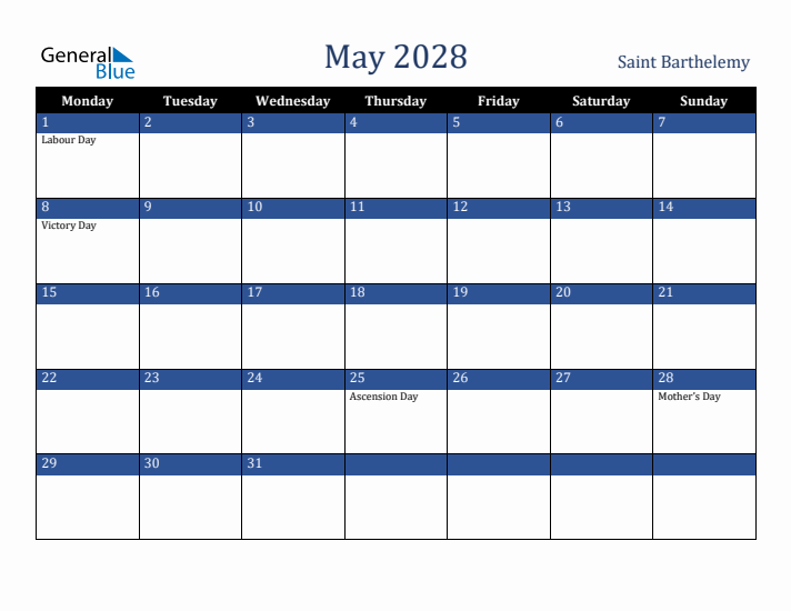 May 2028 Saint Barthelemy Calendar (Monday Start)