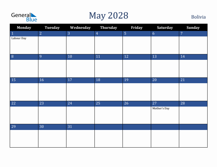 May 2028 Bolivia Calendar (Monday Start)