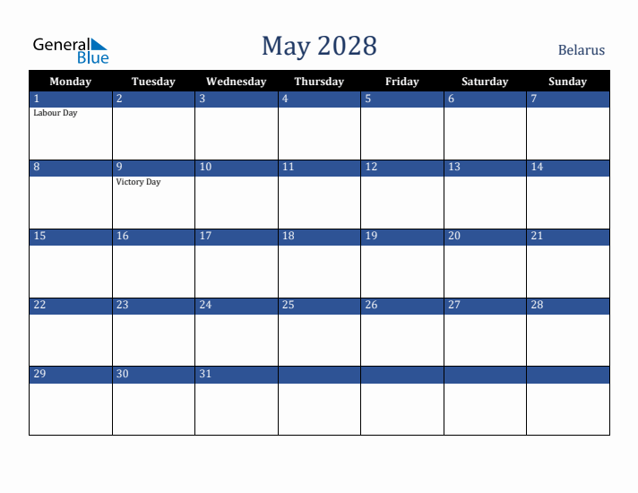 May 2028 Belarus Calendar (Monday Start)