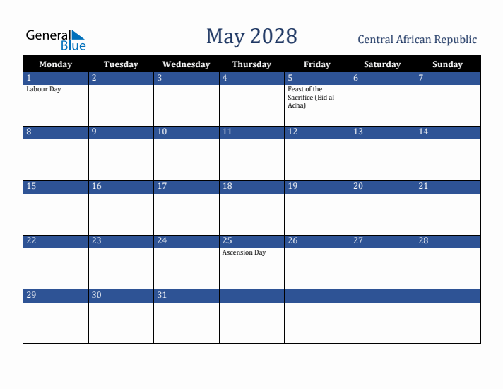 May 2028 Central African Republic Calendar (Monday Start)